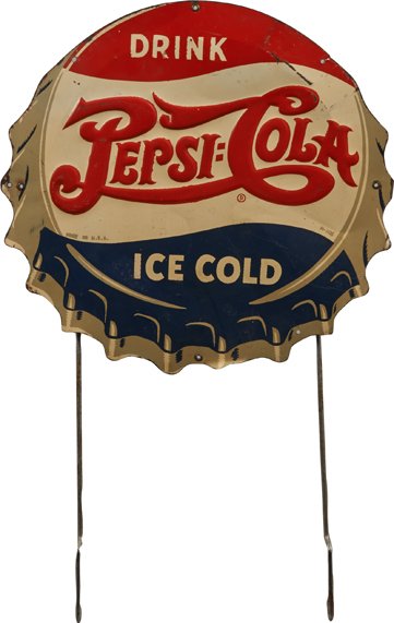 Pepsi Embossed Die-Cut Tin Bottle Cap Display Sign.: Pepsi Embossed Die-Cut Tin Bottle Cap Display Sign w/ metal wire rods for display mount, “Drink Pepsi : Cola Ice Cold”, Made In USA M-106 - (w/ rods) 14” x 22”.