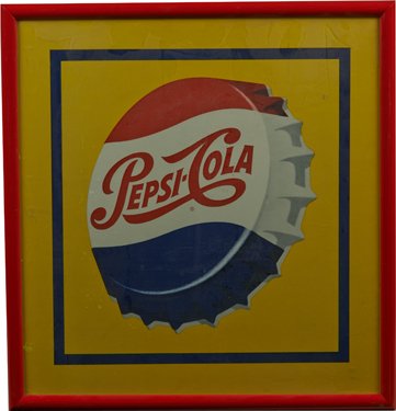 Pepsi Cola Advertisement Sign In Red Frame.: Pepsi Cola Advertisement Sign In Red Frame, Yellow background w/ blue border featuring bottle cap - 16” x 17”.