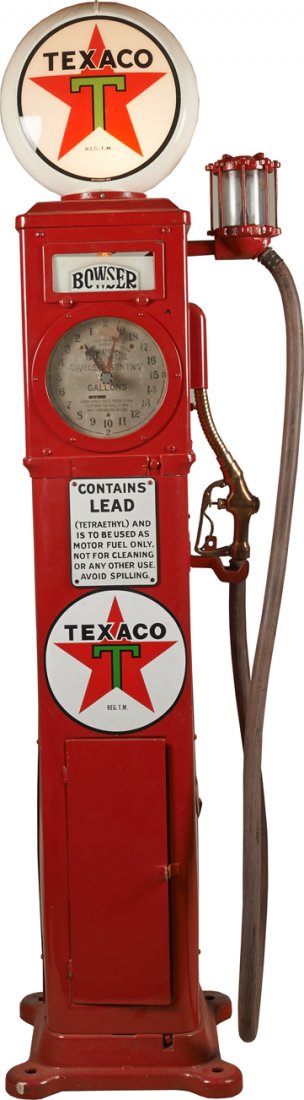 Vintage Bowser Texaco Red Gas Pump.: Vintage Bowser Texaco Red Gas Pump w/ Texaco milk glass globe top sign, dial face, hose & handle.