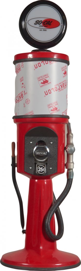 25 Cent So-Cal Speed Shop Gas Pump Vending Machine: 25 Cent So-Cal Speed Shop Gas Pump Vending Machine w/Light-Up Globe, Missing Glass, Contemporary- Approx 48” Tall.