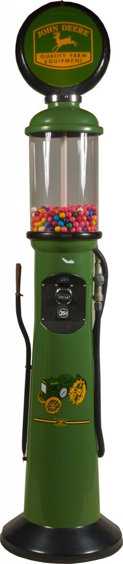 25 Cent John Deere Gas Pump Bubble Gum Vendor.: 25 Cent John Deere Gas Pump Bubble Gum Vendor w/Tractor Decal & Light-Up Globe, Contemporary, w/ Key - 92” Tall.