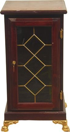 Mahogany & Brass Slot Machine Stand.: Mahogany & Brass Slot Machine Stand w/Leaded Glass Cabinet Door & Brass Claw Feet - 17” x 17” x 34”.