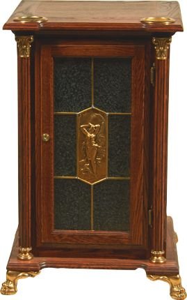 Oak & Brass Slot Machine Stand w/Glass Front & Nude.: Oak & Brass Slot Machine Stand w/Glass Front & Caille Nude At Center, Claw Feet & Locking Front Cabinet, Two Drink Holders On Top - Approx. 21” x 32.5” x 24”.