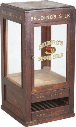 Beldings Spool Silk Cabinet w/Glass On All Sides.: Beldings Spool Silk Cabinet w/Glass On All Sides & Spool Decal On Front, Includes 2 Of 3 Drawers For Spool Storage, Pat. 1914 - 16” x 16” x 32”.
