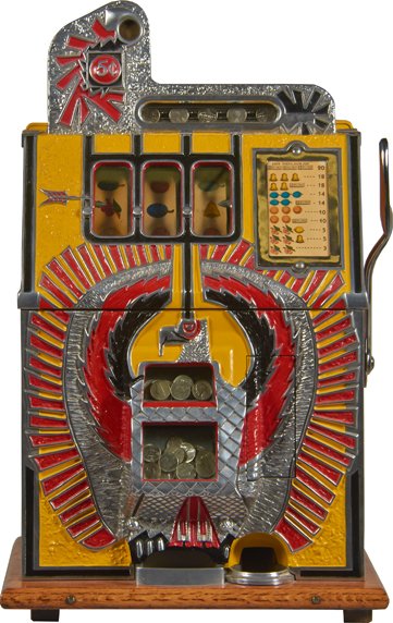 5 Cent Mills Novelty Co. Silent War Eagle Escalator.: 5 Cent Mills Novelty Co. Silent War Eagle Escalator Bell Tabletop Slot Machine, c1931, Chicago, U.S.A., Restored, w/ Key.