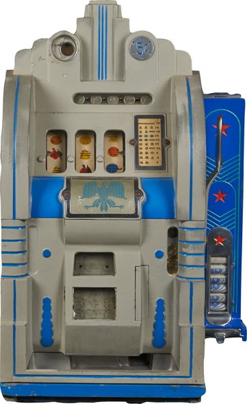 5 Cent Mills Extraordinary Golden Mystery Slot Machine.: 5 Cent Mills Extraordinary Golden Mystery “World’s Fair Century” Escalator Bell Countertop Slot Machine w/3 Fortune Reels In Metal Cabinet w/Side Vendor All In Original Condition c1930s, w/ Keys