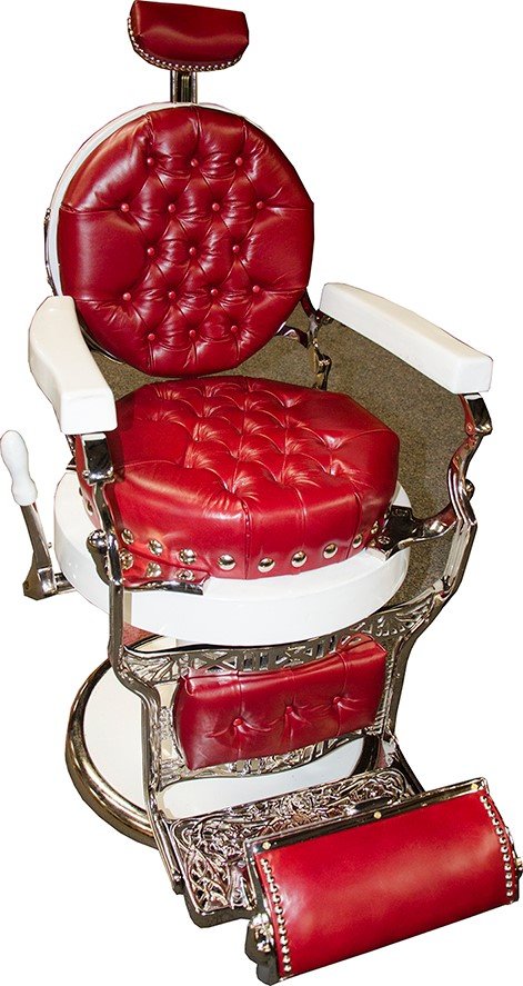 Restored Koken Round Seat Round Back Barber Chair.: Restored Koken Round Seat Round Back Barber Chair, Tufted oxblood leather upholstery, white porcelain, replated.