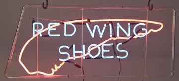 Red Wing Shoes Neon Sign 35-1/2” x 14-1/2”.: Red Wing Shoes Neon Sign w/wing On Glass Frame 35-1/2” x 14-1/2”.