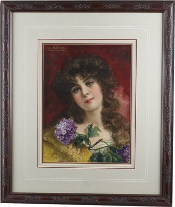 Compliments Of C. Hanson, Vernon Centre, Minn. Litho.: Compliments Of C. Hanson, Vernon Centre, Minn. Litho. Print Calendar Topper In Frame, Featuring pretty girl w/ lavender flowers 12” x 15” in 23” x 27” frame.