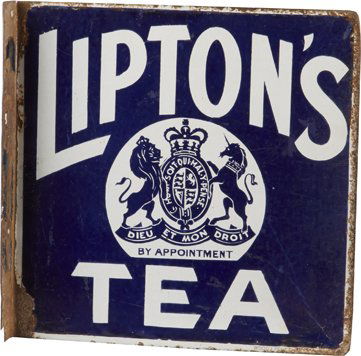 Lipton’s Tea Double-Sided Porcelain Flange Sign.: Lipton’s Tea Double-Sided Blue & White Porcelain Flange Sign, Wood & Penfold Ltd., London w/ British coat of arms, Some wear to edges 12” x 12”.