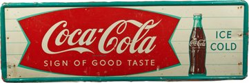 Coca Cola Self-Framed Tin Sign.: Coca Cola Self-Framed Tin Sign, “Sign Of Good Taste Ice Cold” featuring bottle, Made In USA 008 Robertson 54” x 17-1/2”.