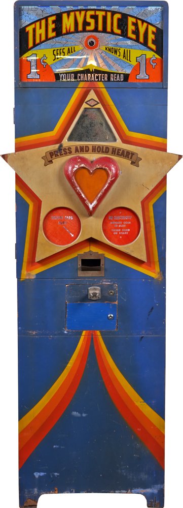 1 Cent ESCO “The Mystic Eye” Upright Arcade Machine.: 1 Cent ESCO “The Mystic Eye” Upright Arcade Machine, Character Reader “Sees All, Knows All,” c1930s By The Exhibit Supply Co. Chicago, Ill, w/ Keys.