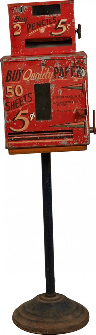 5 Cent Pencil & Paper Vending Machine On Metal Stand.: 5 Cent Pencil & Paper Vending Machine On Metal Stand, Dispenses 50 Sheets Of Paper & 2 Pencils For 5 Cents, In Original Condition w/ Key.