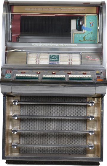 Coin-Op Seeburg Select-O-Matic Jukebox Model V200-N.: Coin-Op Seeburg Select-O-Matic Phonograph Jukebox Model V200-N, 5 Category Selection Pushbuttons & Letter/Number Pushbuttons, Up To 200 Selections, c1955, w/ Keys Needs work.