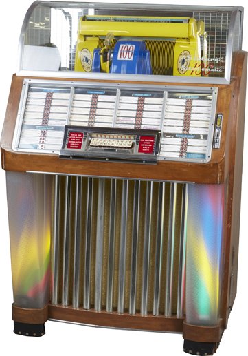 Coin-Op Seeburg Select-O-Matic Jukebox Model M100C.: Coin-Op Seeburg Select-O-Matic Jukebox Model M100C, Plays 45 RPM/7-Inch Records, Up To 100 Selections, c1952, w/ Keys.