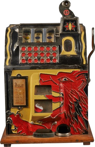 5 Cent Mills Lion Head Silent Gooseneck Slot Machine.: 5 Cent Mills Lion Head Silent Gooseneck Slot Machine, 3-Reel, c1931 w/ Key.
