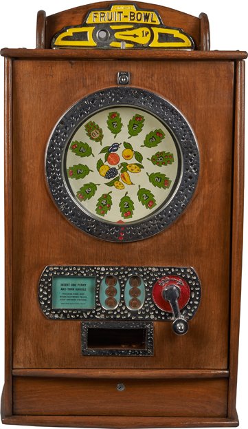 Coin-Op 1P Bryans Fruit Bowl Single Counter Wheel.: Coin-Op 1P Bryans Fruit Bowl Single Counter Wheel Slot Machine In Wood Cabinet, By Bryans Automatic Machine Works, English w/ Keys.