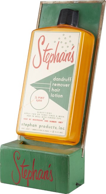 Stephan’s Lighted Countertop Display On Wood Base.: Stephan’s Lighted Countertop Display On Wood Base, Features Plastic Product Bottle, “Dandruff Remover Hair Lotion” 10” x 25.25” x 5”.