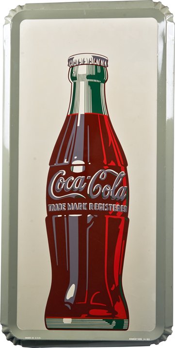 Coca Cola Self-Framed Single-Sided Metal Ad Sign.: Coca Cola Self-Framed Single-Sided Metal Advertising Sign Featuring Soda Bottle w/Decorative Bottle Cap Grooves On Corners 18” x 36”.