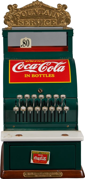 National Cash Register Slick Model 711 In Coca-Cola.: National Cash Register Slick Model 711 In Coca-Cola Motif w/ “Fountain Service”/”Drink Coca-Cola In Bottles” double-sided top sign, wood base, marble ledge & 15 keys.