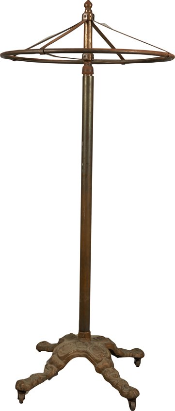 Brass & Cast Iron Clothing Rack On Rolling Base.: Brass & Cast Iron Clothing Rack On Rolling Base- 70” Tall.
