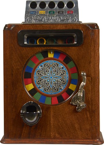 English Counter Wheel Slot Machine In Wood Cabinet.: English Penny Counter Wheel Slot Machine In Wood Cabinet, Caille “Ben Hur” Styling w/Caille Internal Mechanism, Will Pay Correctly On English Pennys, w/ Key.