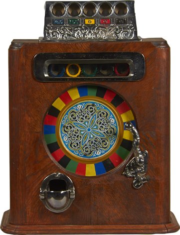 English Counter Wheel Slot Machine In Wood Cabinet.: English Penny Counter Wheel Slot Machine In Wood Cabinet, Caille “Ben Hur” Styling w/Caille Internal Mechanism, Not Operating, w/ Key.