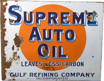 Supreme Auto Oil Double-Sided Porcelain Flange Sign.: Supreme Auto Oil Double-Sided Porcelain Flange Sign, “Leaves Less Carbon,” Gulf Refining Company, Inc., Most Wear To Flange- 22.25” x 18”.