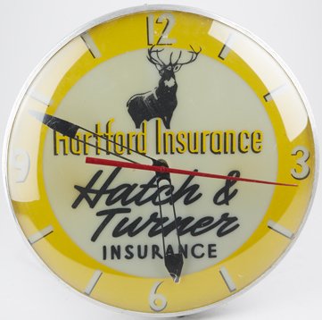Hartford Insurance Round Light-Up Advertising Clock.: Hartford Insurance Round Light-Up Advertising Clock, “Hatch & Turner” w/deer, Glass face cover w/aluminum body-15”d. <