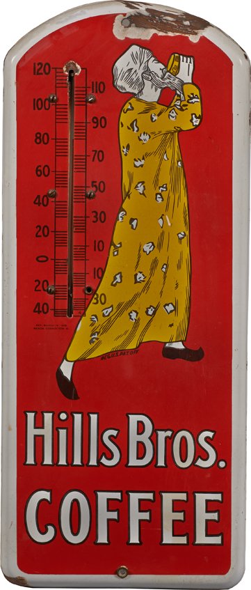 Hills Bros Coffee Single-Sided Porcelain Thermometer.: Hills Bros Coffee Single-Sided Porcelain Thermometer, Featuring Man Wearing Nightgown Drinking Coffee, Pat. 1915 Beach Coshocton, OH 8.75” x 20.75”.