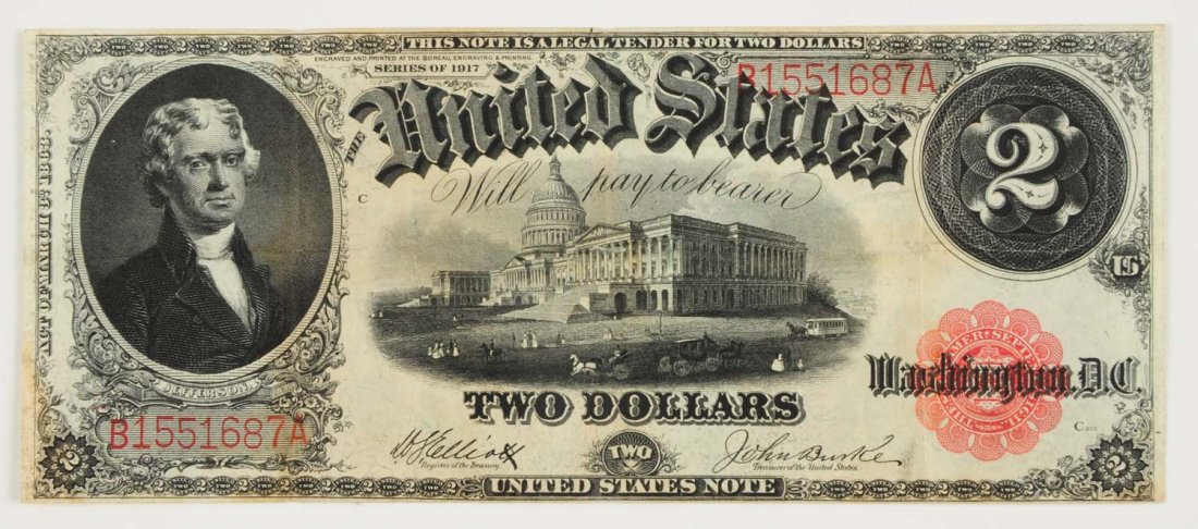 $2 1917 US Large Note with Red Seal.: Elliott and Burke. Two vertical lines and one horizontal. XF.