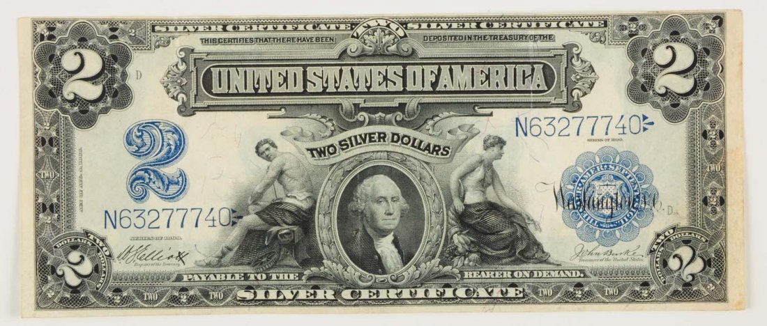 $2 1899 Large Silver Certificate.: Elliott and Burke. Two vertical folds. XF.