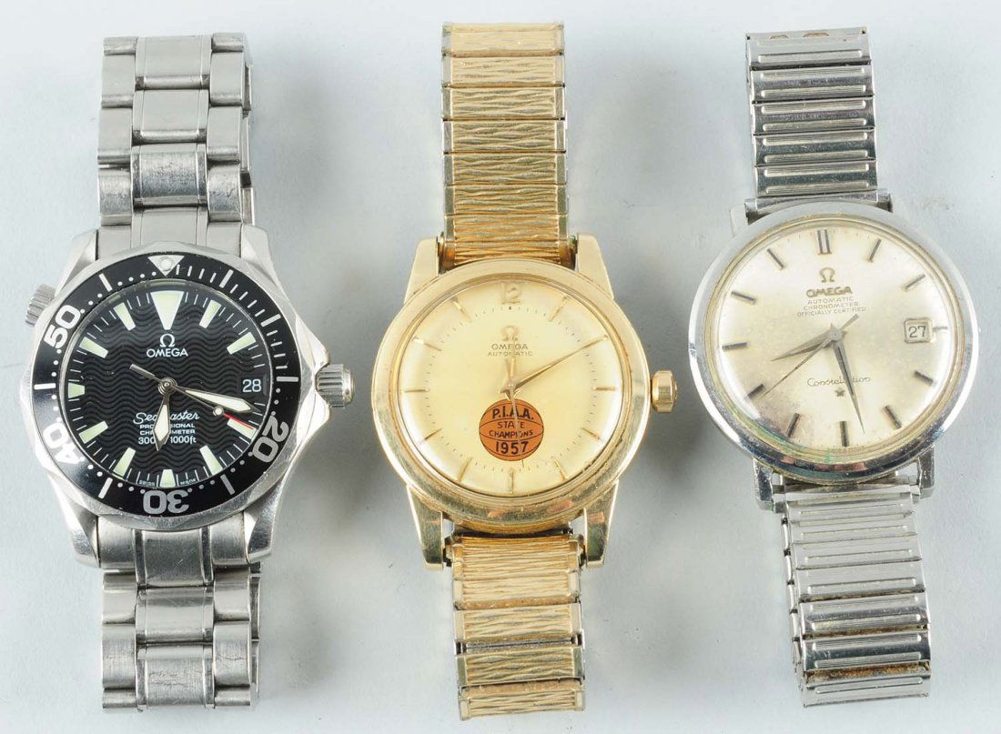 Lot of 3: Men's Watches.: The lot includes an Omega Automatic Chronometer with expandable band, which works, and Omega Automatic PIAA 1957 State Champs with expandable band, which works, and an Omega Seamasters, which also wor
