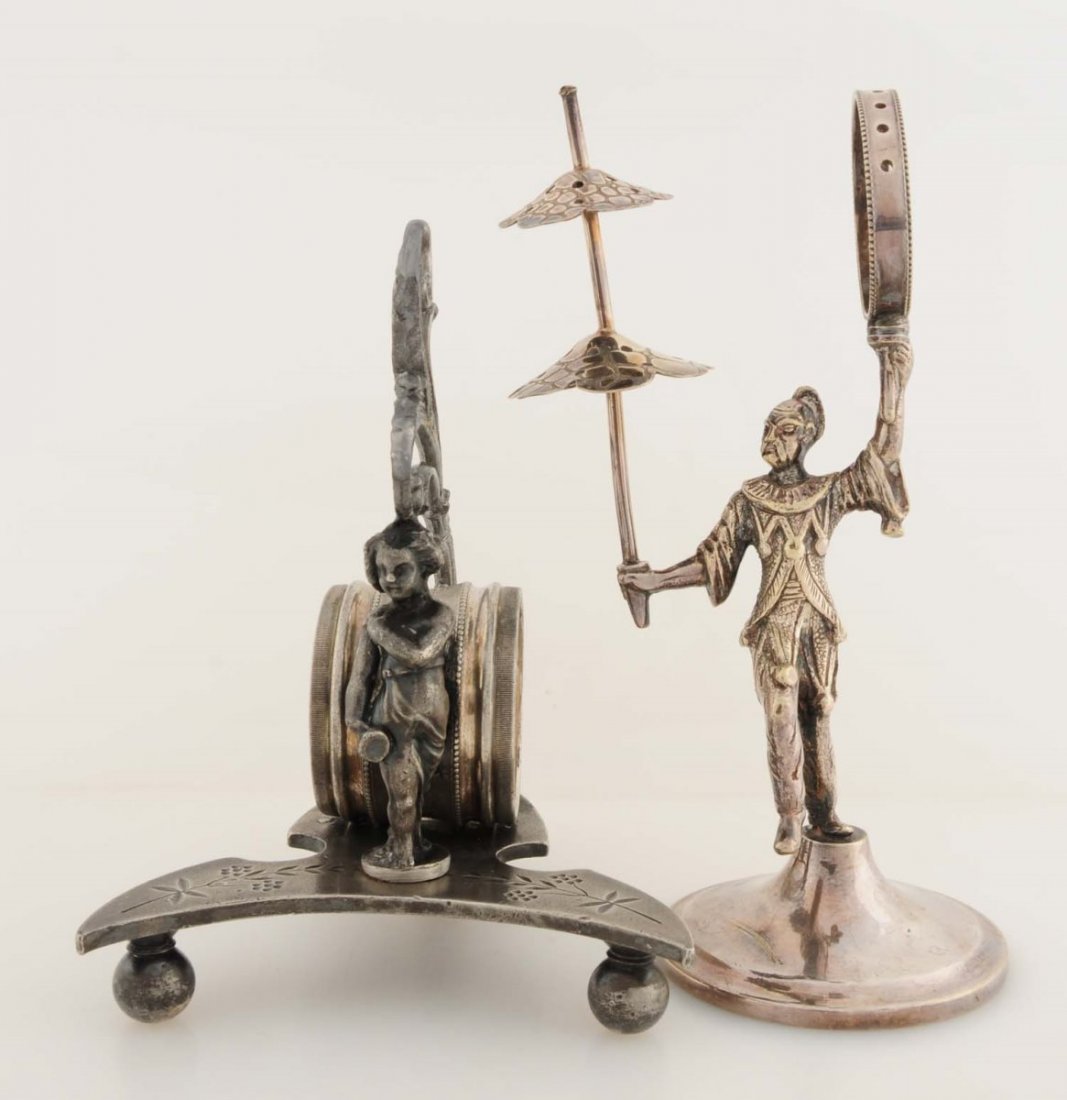 Lot of 2: Pieces.: One very unusual piece young girl stands in front of napkin holder. A large "handle" goes from back of base to top of girl's head. Unusually shaped, ball footed, base is marked Simpson Hall Miller & C