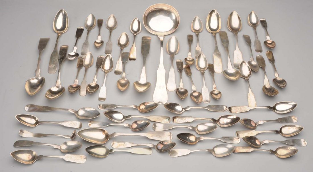 Mixed Lot of American Silver Flatware.: Mostly 19thC coin silver spoons in fiddle pattern, including a long tablespoon marked 'B.B. Marsh Paris. Ky.'; a set of four tablespoons with narrow fiddle handles marked 'S Kirk 10.15'; a shaped fidd