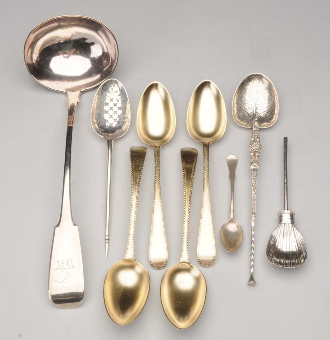 Set of 4 Hester Bateman Silver Tablespoons.: Bright-cut Old English pattern with later matte gilding, 1781; a novelty sugar spoon in the form of a besom broom, London 1863; a Scottish provincial fiddle pattern soup ladle, Wm. Jamieson, Aberdeen