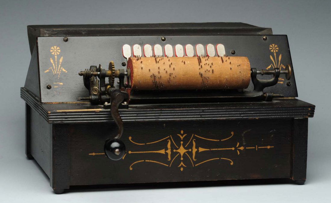 The Gem Roller Organ Wooden Stenciled Box.: Plays well. Size 14 -1/2" L.