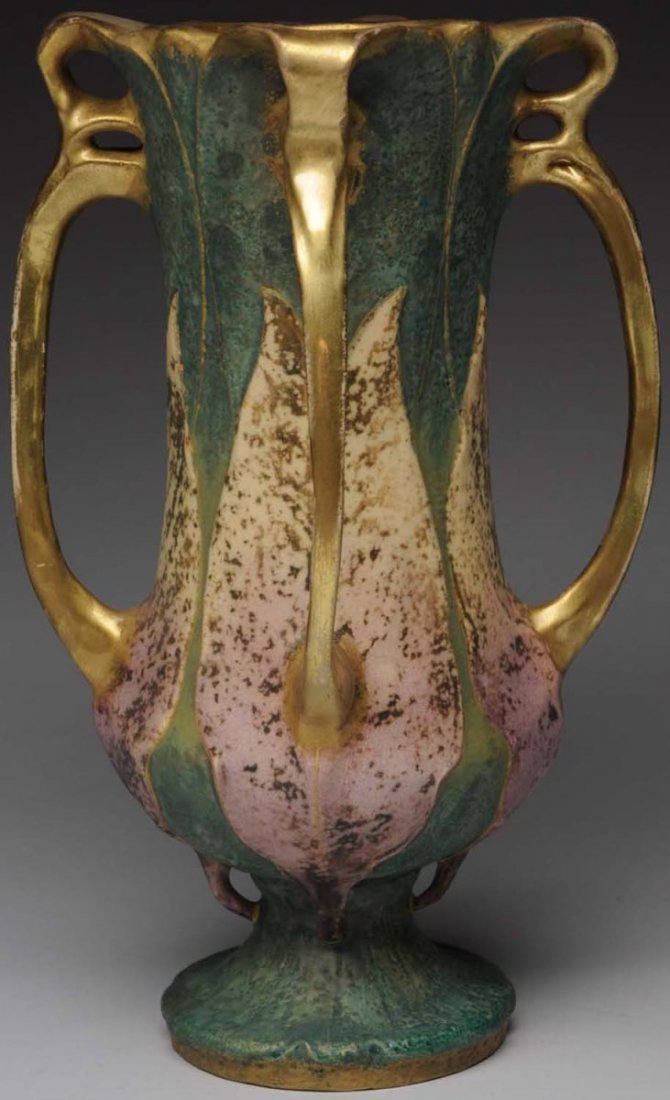 Amphora Ceramic Vase with Four Handles.: Impressed Amphora oval, impressed Amphora crown, and Austria mark on underside. Condition (Mint). Size 9 - 1/2" T.
