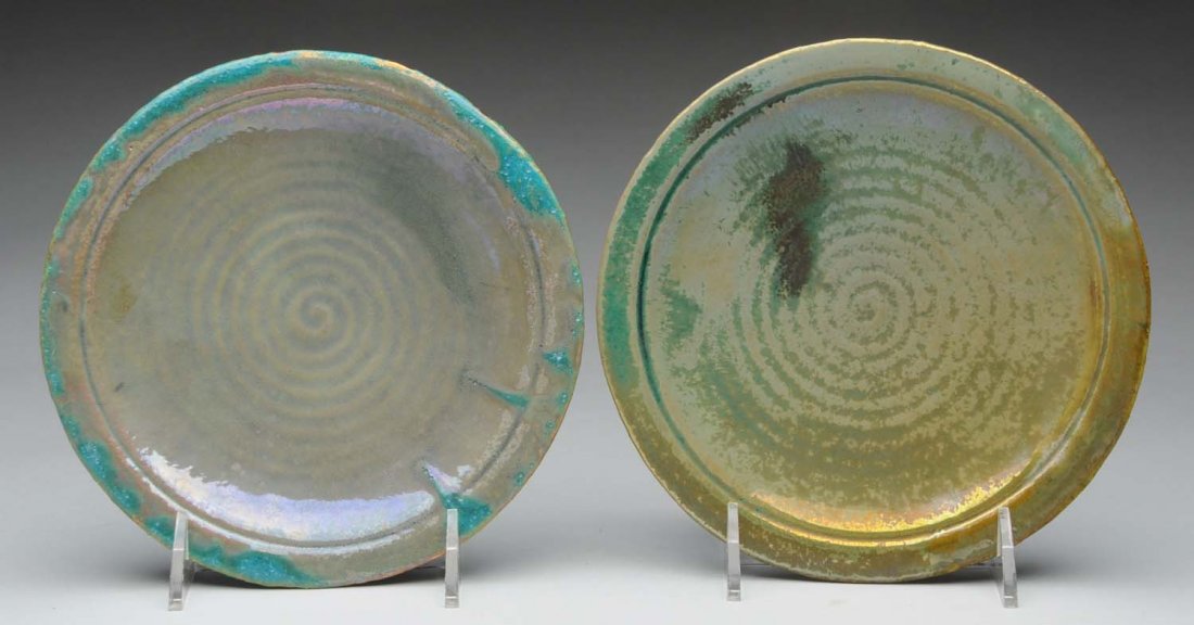 Pair of Pewabic Pottery Pair of Plates.: Iridescent glaze. Condition (Excellent). Size 7 - 1/2" T.