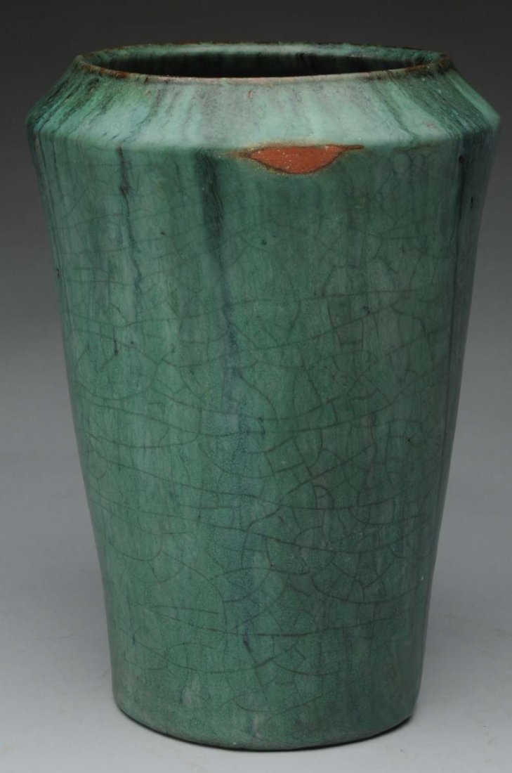 Pewabic Pottery Vase.: Crackled green glaze. Glaze miss at shoulder. Restoration to chips at base edge. Condition (Good). Size 10 - 1/2" T.