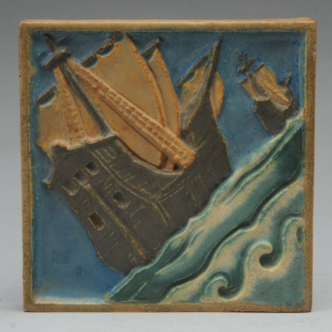 Rookwood Faience Bounty Ships Tile.: Marked on back with Faience numbers. Condition (Excellent). Size 8" x 8".