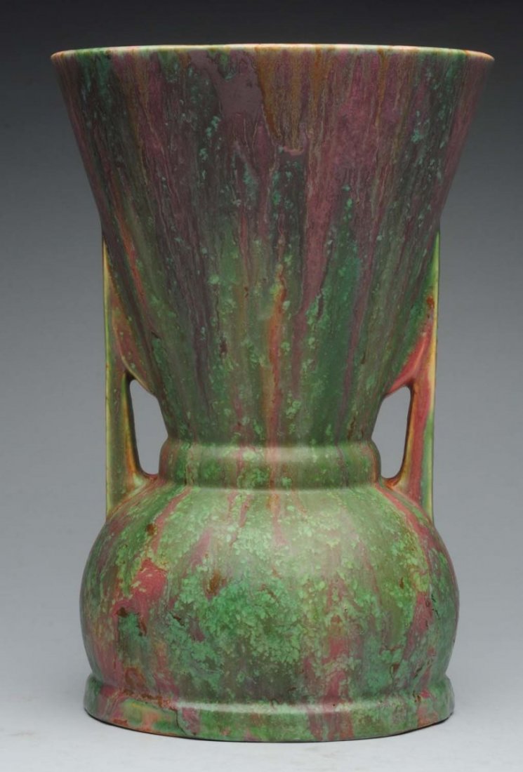 Roseville Carnelian II Vase.: Red drip glaze. Shape No. 442-12. Restoration to rim and base. Condition (Good). Size 12" T.