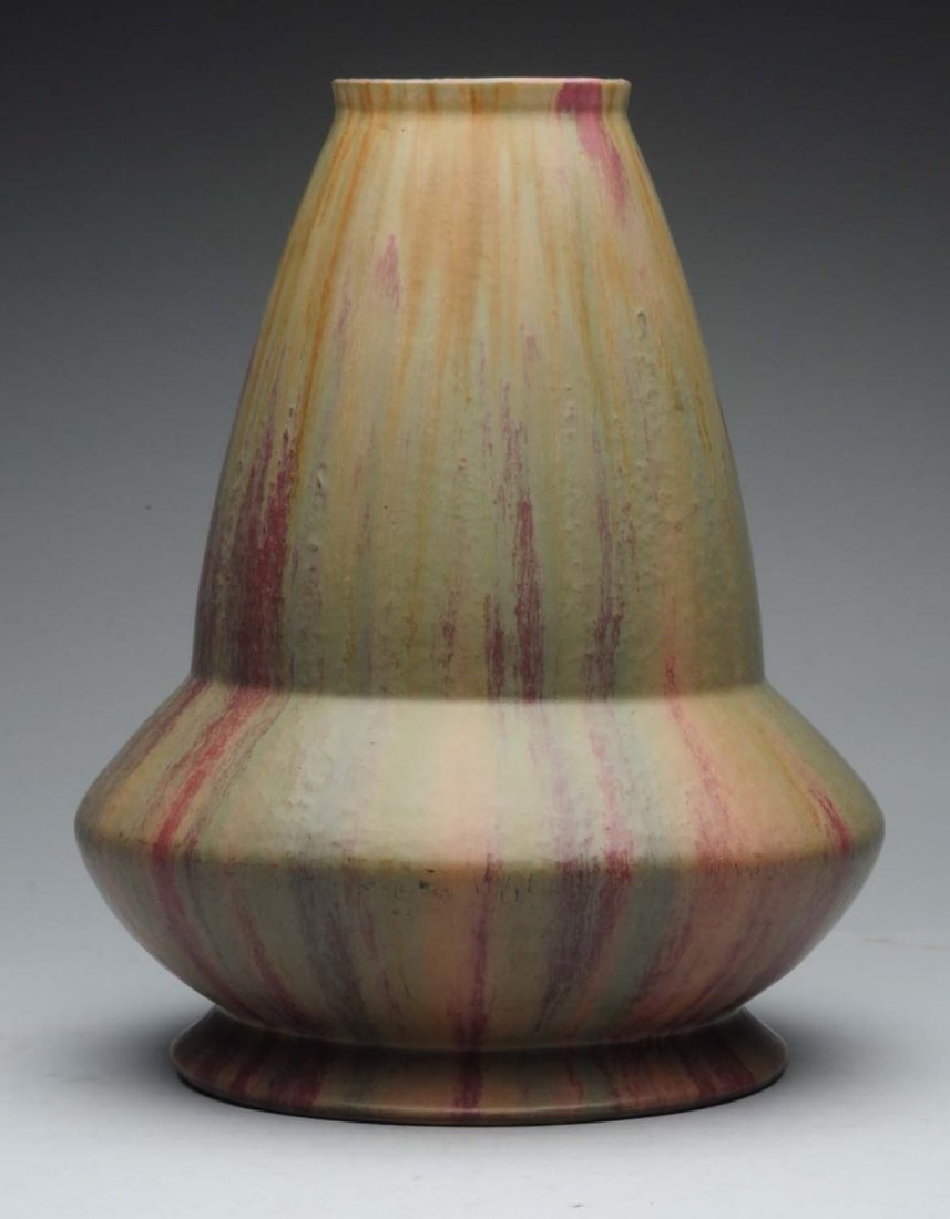 Roseville Carnelian "Rocket Ship" Vase.: Great red drip glaze. Post factory drill hole under base. Condition (Very Good). Size 15" T.