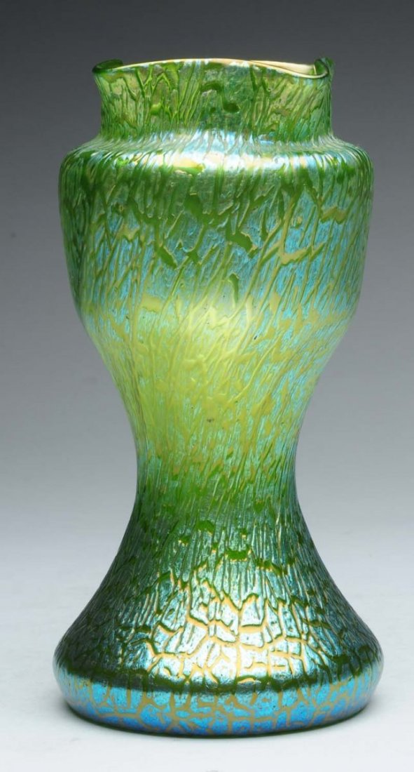 Loetz Green Creta Mimosa Art Glass Vase.: The beautiful Creta Mimosa vase is in green with a crackle finish. Made by Loetz. Circa 1907. Polished pontil. Condition (Excellent). Size 9" T.