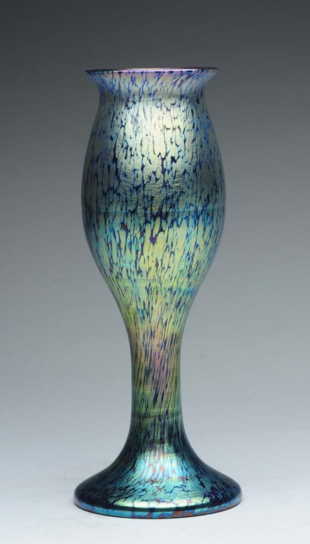 Tall Loetz Cobalt Papillion Vase.: This vase was made in Loetz by the Bohemian Glass House around 1900. The deep rich cobalt base color is covered with an allover oil spot design. Fire polished rim and pontil. Condition (Excellent). Si