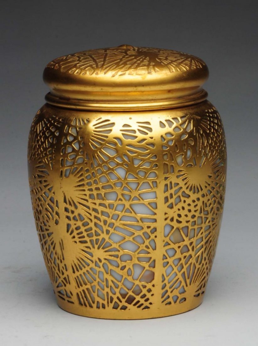 Tiffany Studios Pine Needle Humidor.: Humidor No. 1026. There is very minor wear to the gold and it is complete with the interior lid. Condition (Excellent). Size 7" T.
