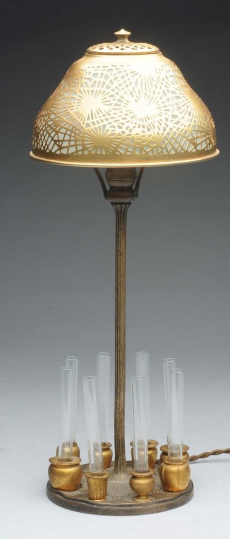 Tiffany Studios Pine Needle Lamp & Vases.: Filigree shade lamp and integral flower vases possibly No. 724. Frost shade liner and clear glass flower holders are possibly later additions. There is minor wear to the harp and wear to the silver fi