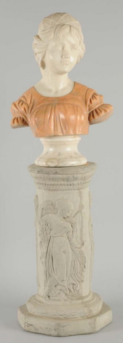 Marble Bust of Lady in Pink Dress.: On cement pedestal. No damage. Condition (Excellent). Size 43" T.