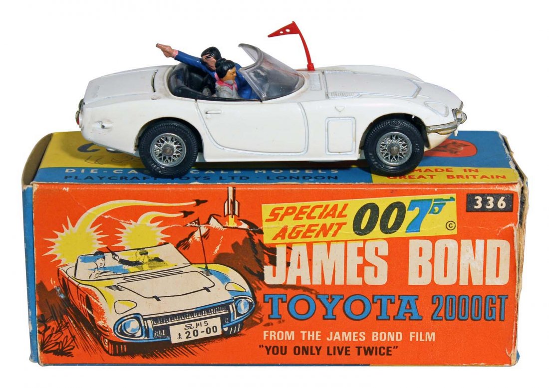 Corgi 007 James Bond Toyota 2000GT No. 336.: Circa 1967, Mettoy, England. The car has two tiny chips, but is otherwise clean; missing rockets and box inserts, in box that has pencil marks and is missing one inner end flap. From the movie “You 