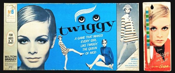 Lot of Twiggy Items.: Twiggy Game, circa 1967, Milton Bradley. Cover has sun fade, one corner split; but contents are mint and factory sealed; also included is a “From Twiggy with Love” pen on card, circa 1967, Scripto